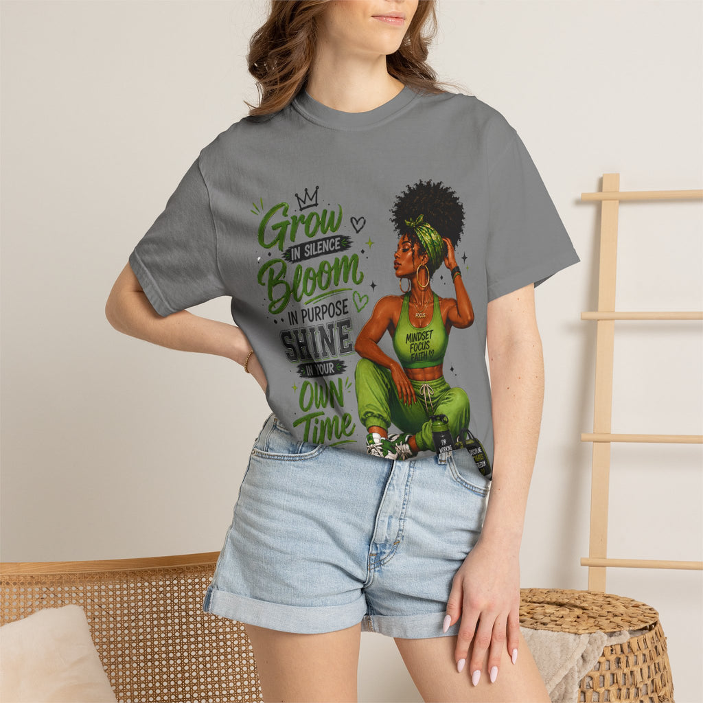Grow in Silence Bloom Graphic T-Shirt — Inspirational Afrocentric Women’s Tee