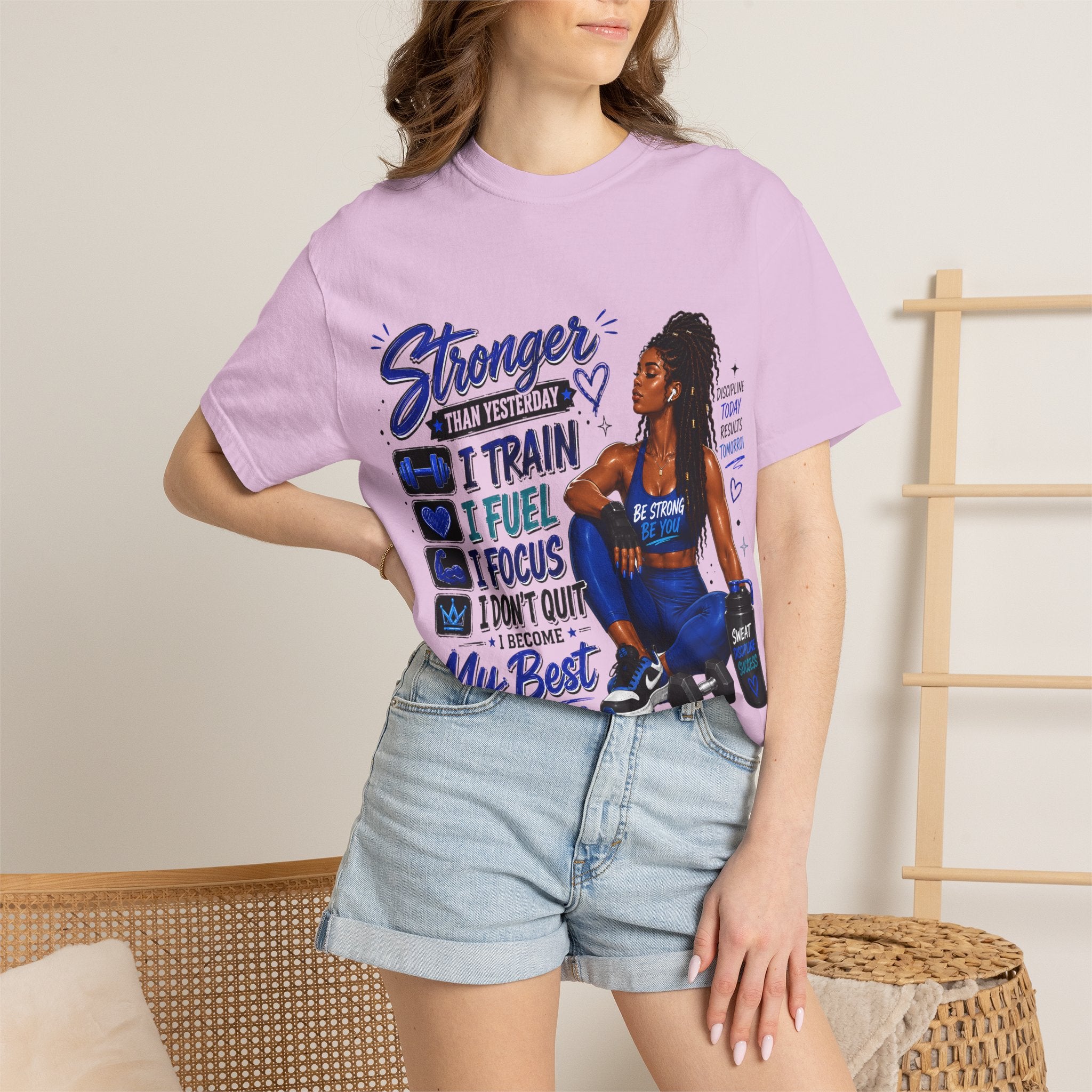 Stronger Than Yesterday Motivational Fitness Tee — I Train, I Fuel, I Focus