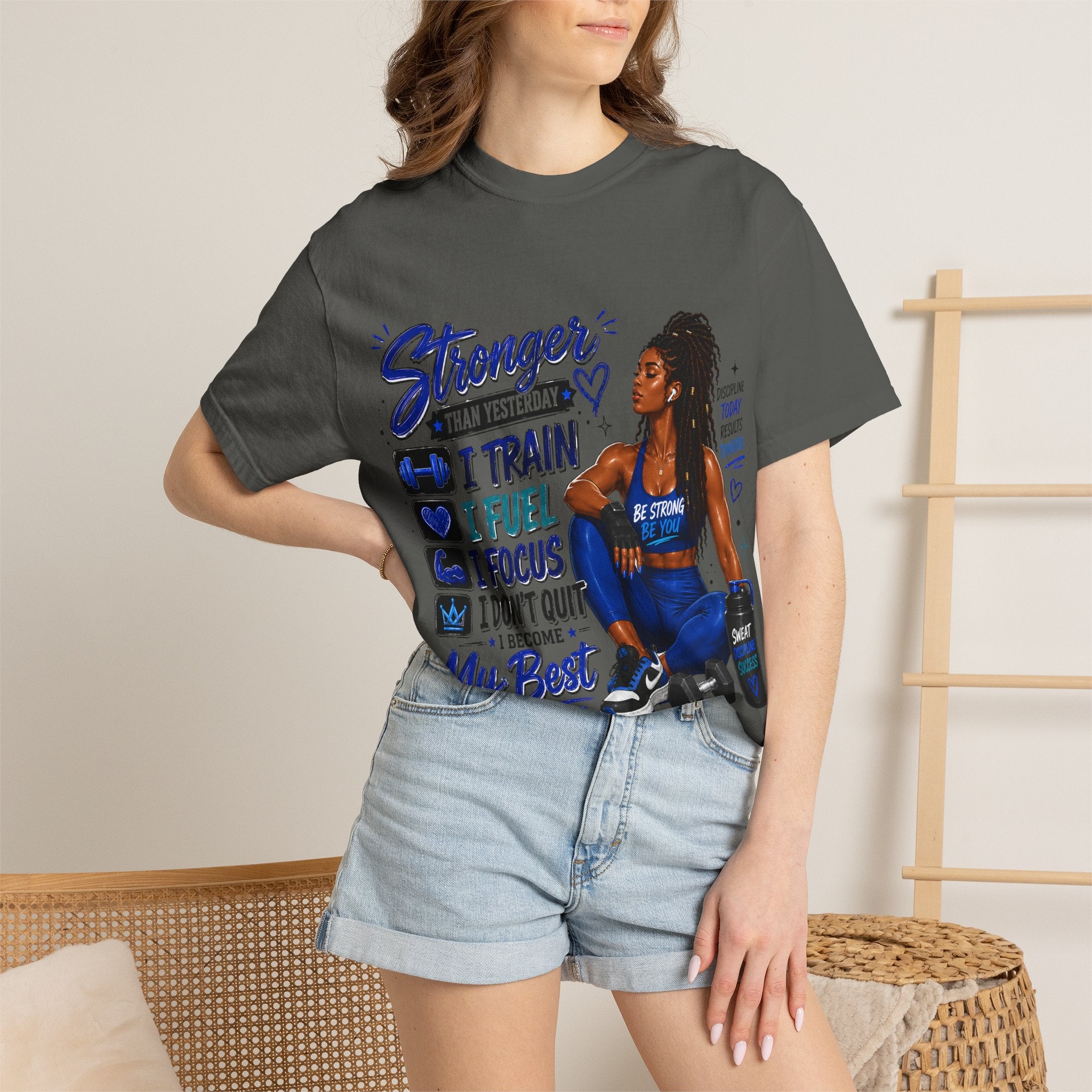 Stronger Than Yesterday Motivational Fitness Tee — I Train, I Fuel, I Focus