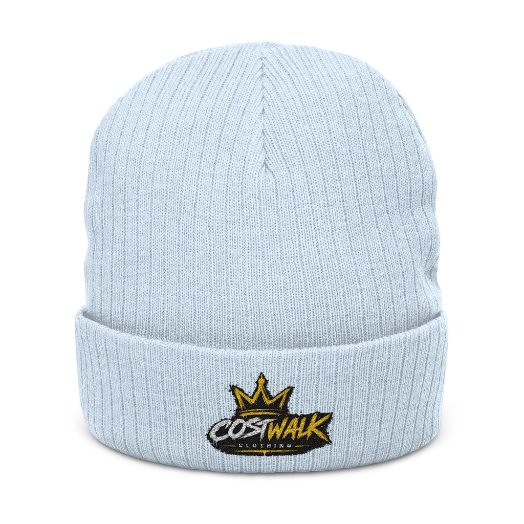 Embroidered Ribbed Beanie — 'CostWalk' Crown Logo Knit Hat