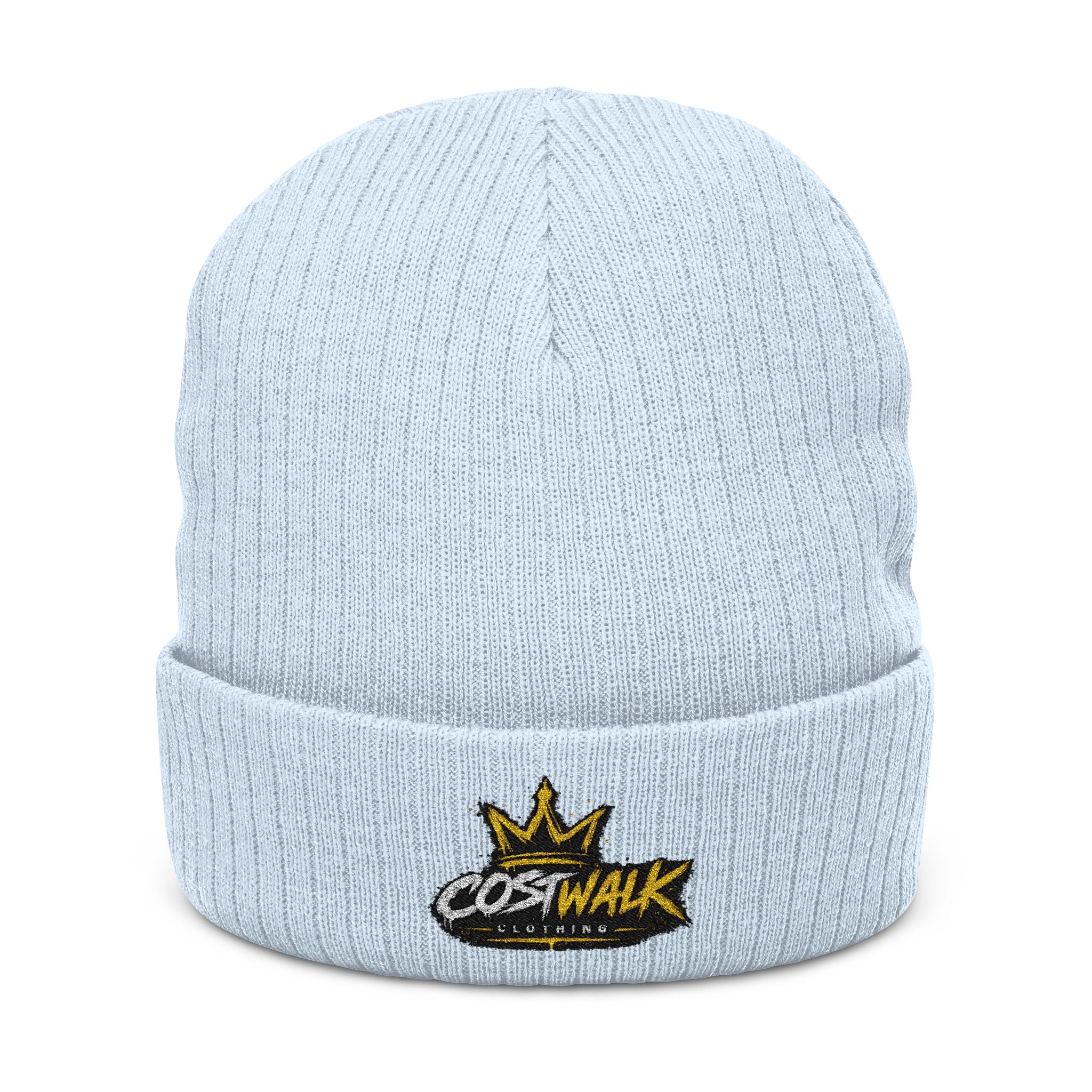 Embroidered Ribbed Beanie — 'CostWalk' Crown Logo Knit Hat