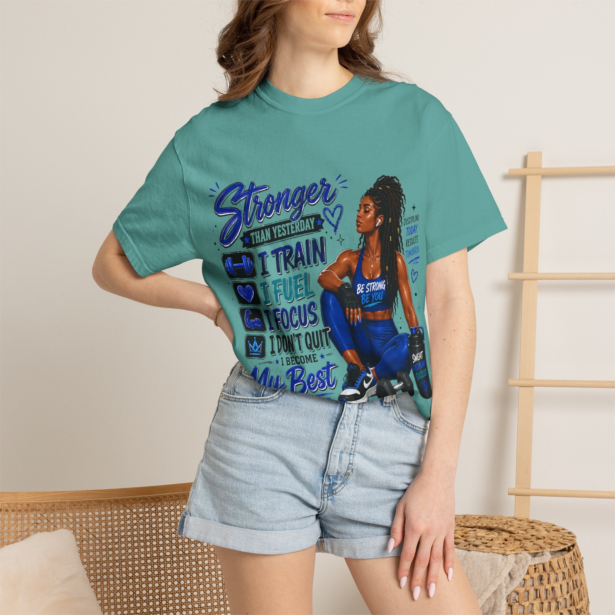Stronger Than Yesterday Motivational Fitness Tee — I Train, I Fuel, I Focus