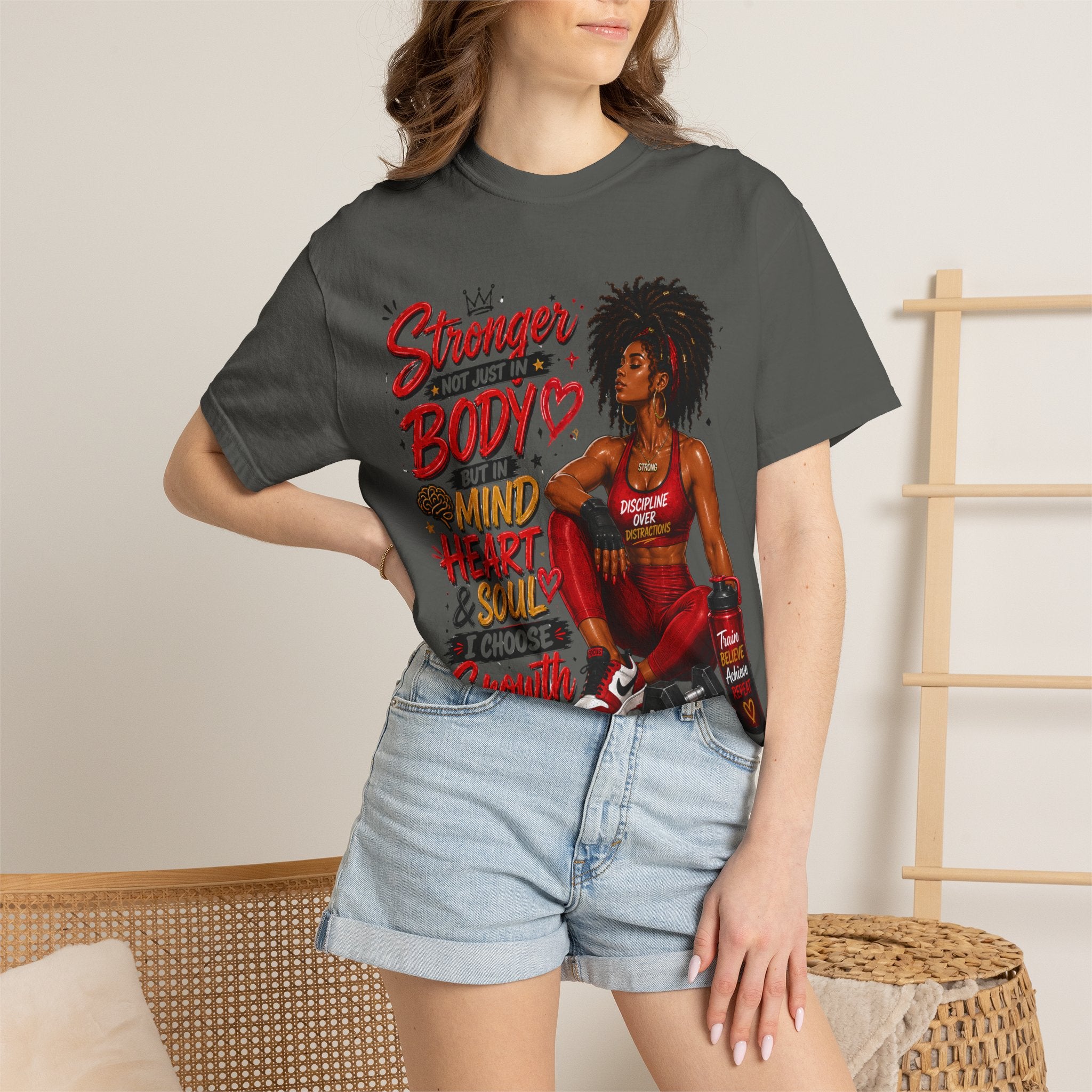 Empowered Fitness Tee — “Stronger Not Just in Body” Motivational Workout T-Shirt