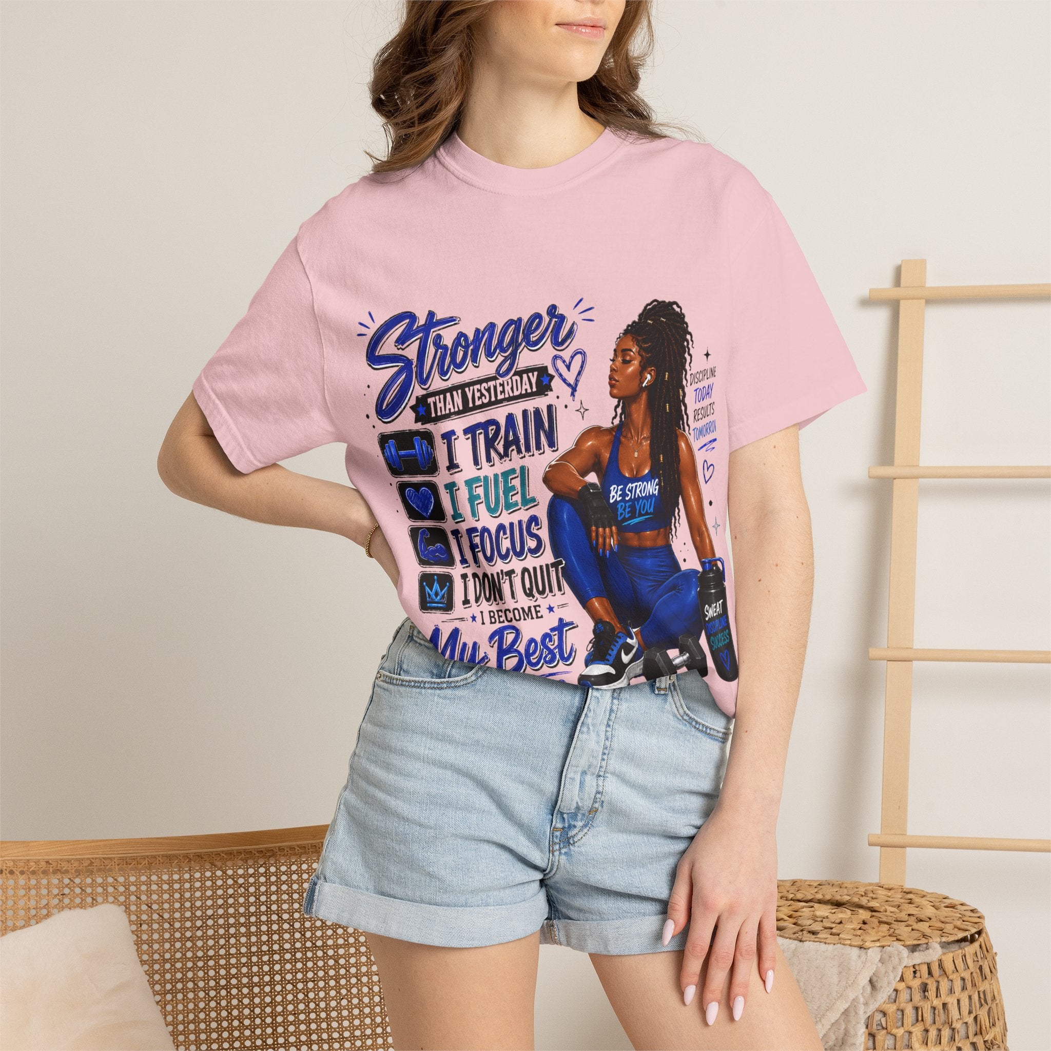 Stronger Than Yesterday Motivational Fitness Tee — I Train, I Fuel, I Focus