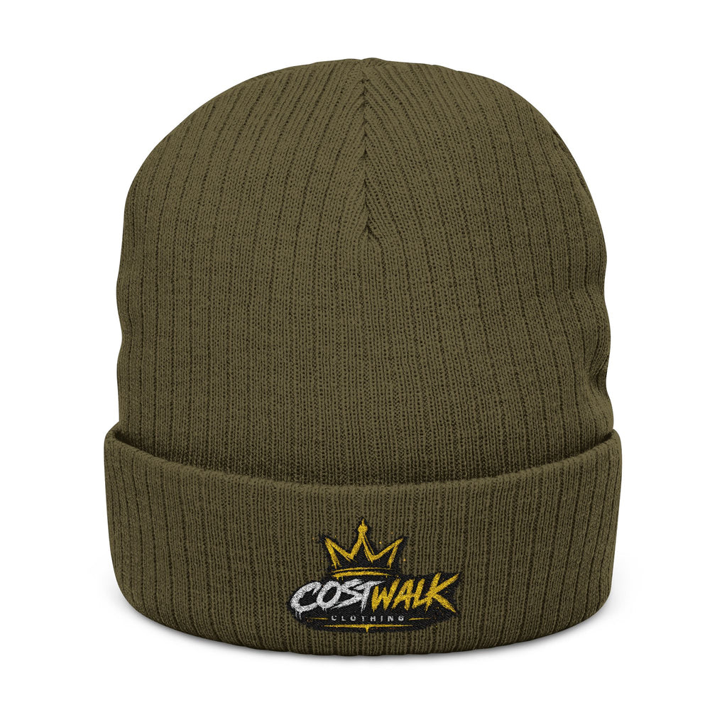 Embroidered Ribbed Beanie — 'CostWalk' Crown Logo Knit Hat