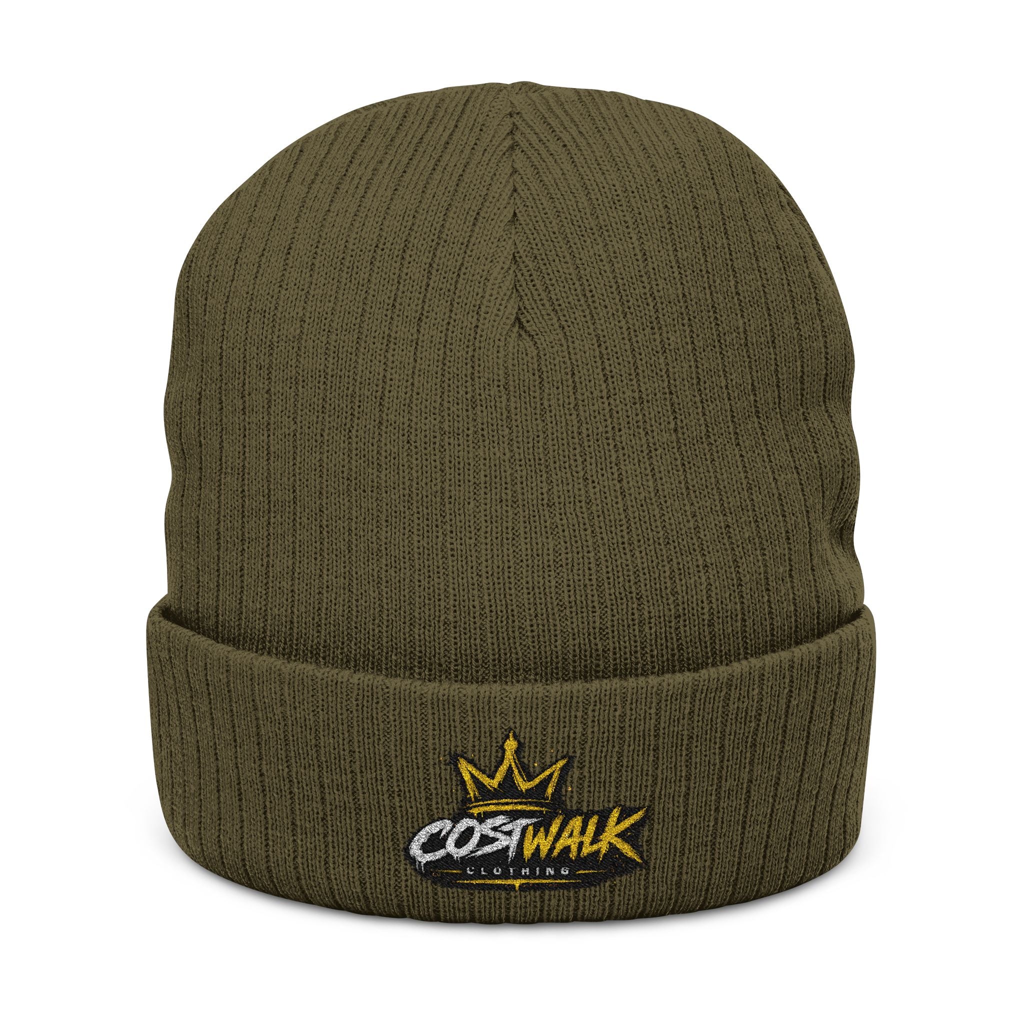 Embroidered Ribbed Beanie — 'CostWalk' Crown Logo Knit Hat