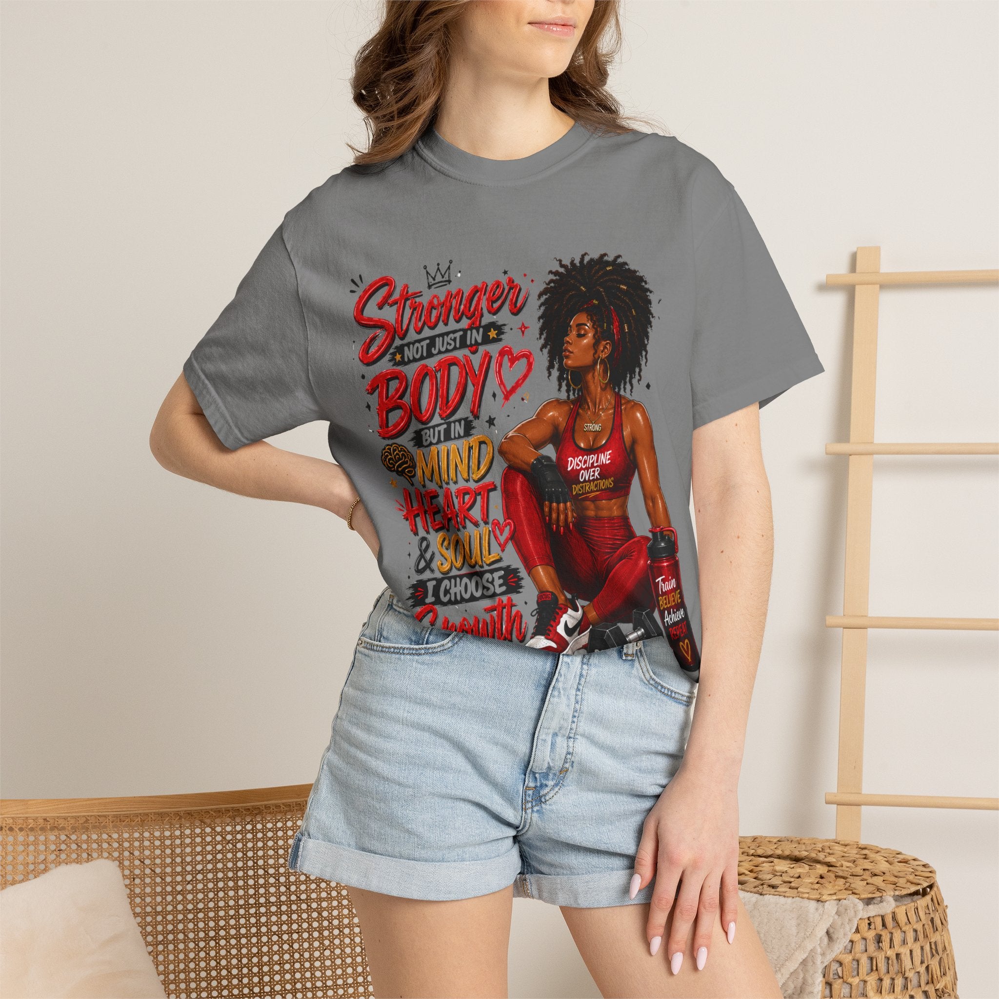 Empowered Fitness Tee — “Stronger Not Just in Body” Motivational Workout T-Shirt
