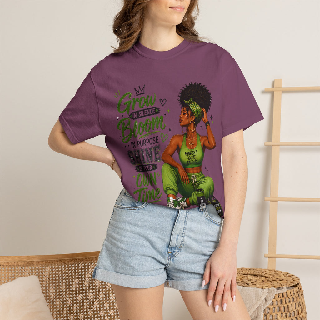 Grow in Silence Bloom Graphic T-Shirt — Inspirational Afrocentric Women’s Tee