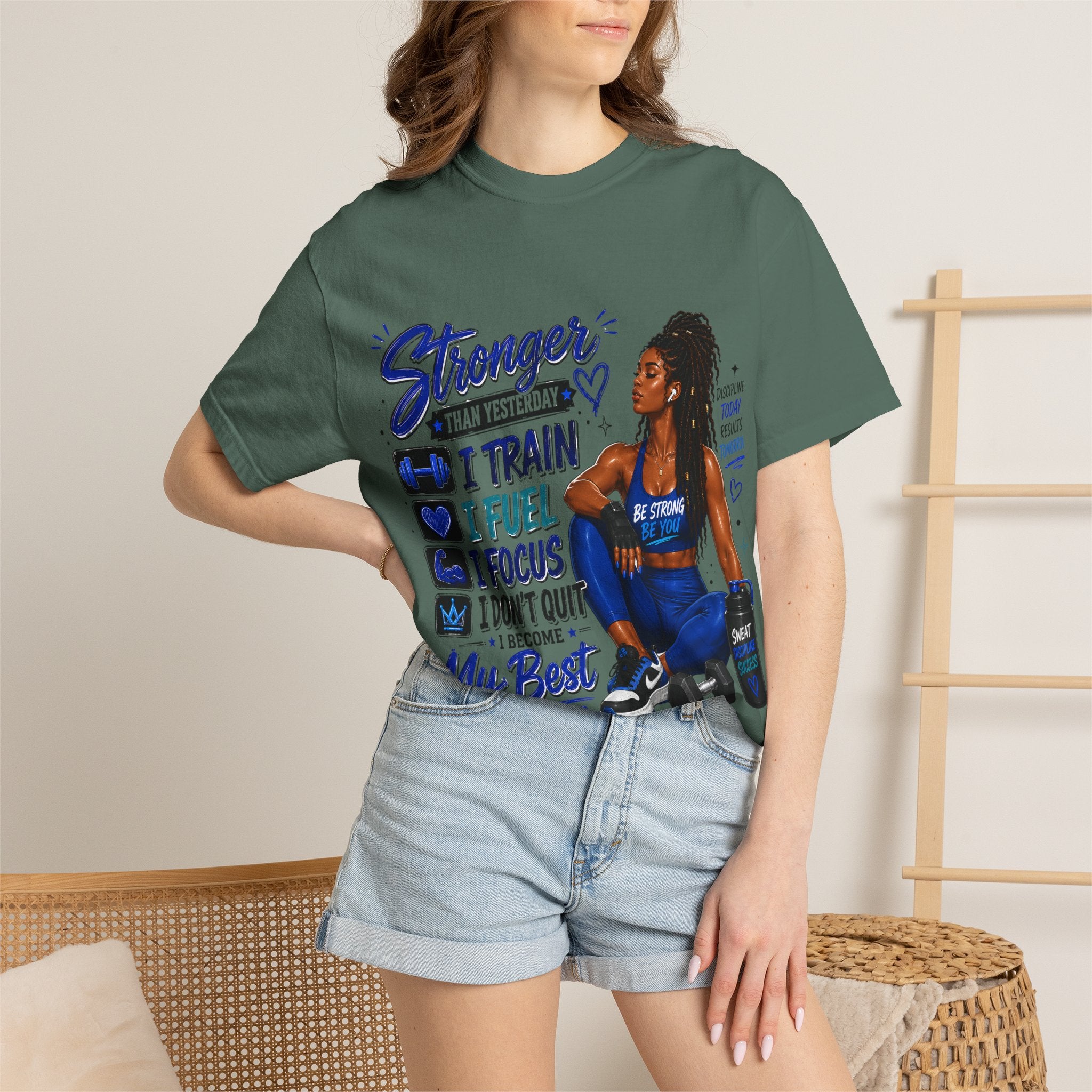 Stronger Than Yesterday Motivational Fitness Tee — I Train, I Fuel, I Focus