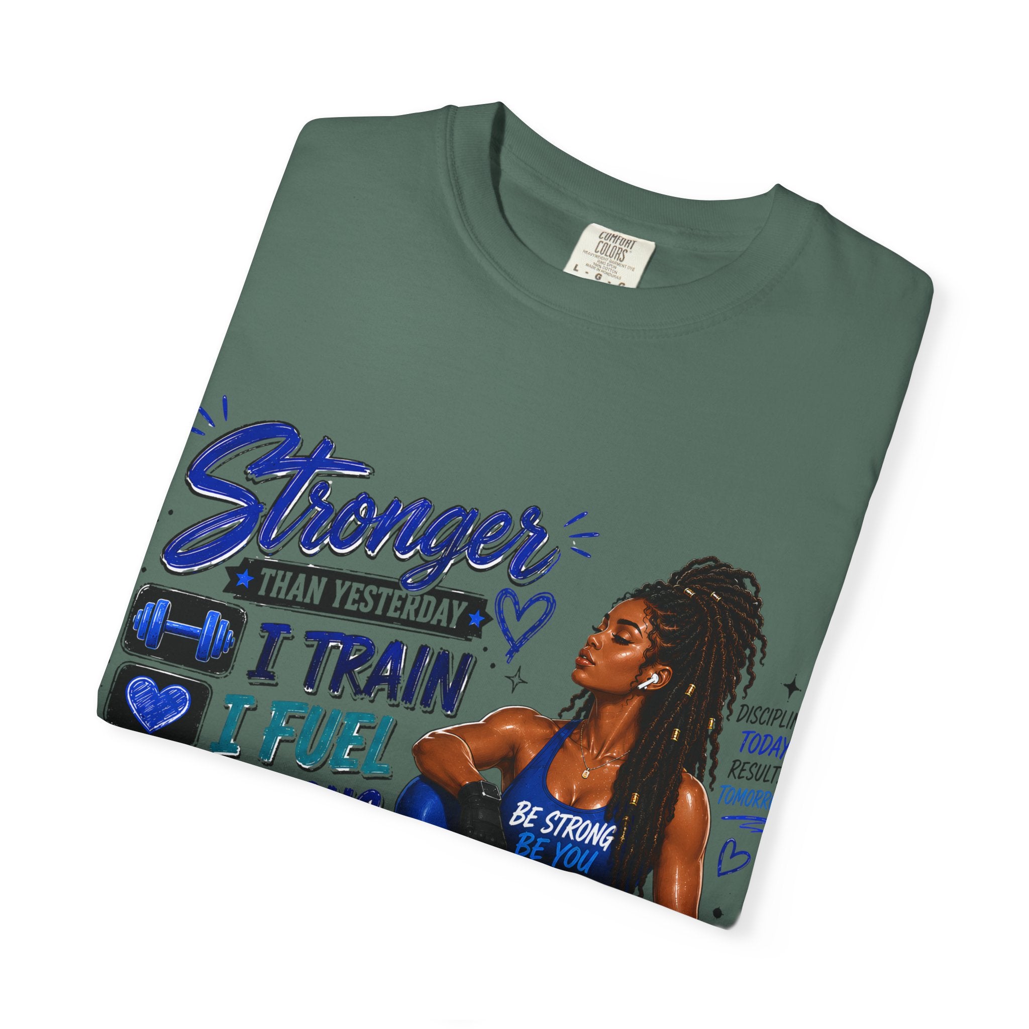Stronger Than Yesterday Motivational Fitness Tee — I Train, I Fuel, I Focus