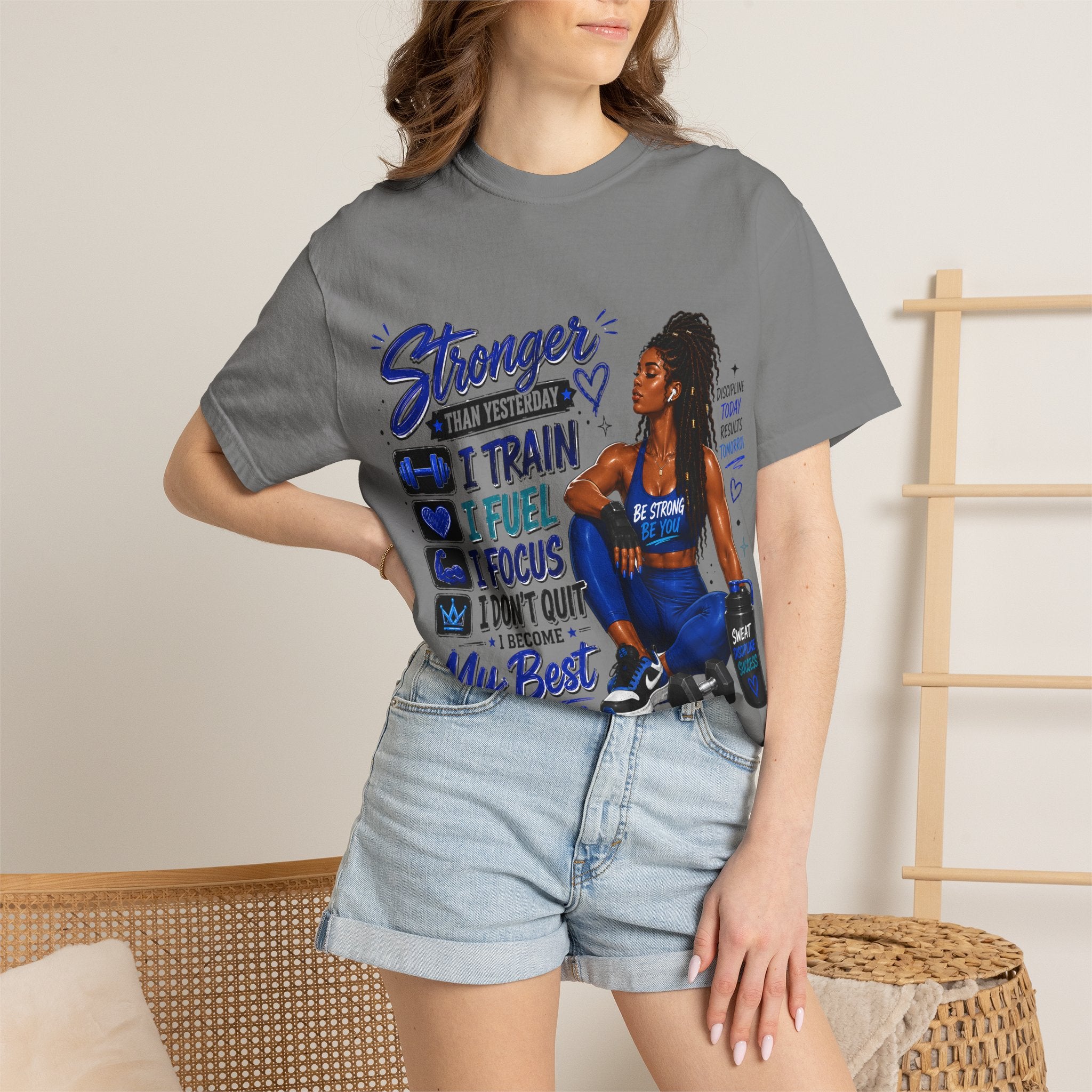 Stronger Than Yesterday Motivational Fitness Tee — I Train, I Fuel, I Focus