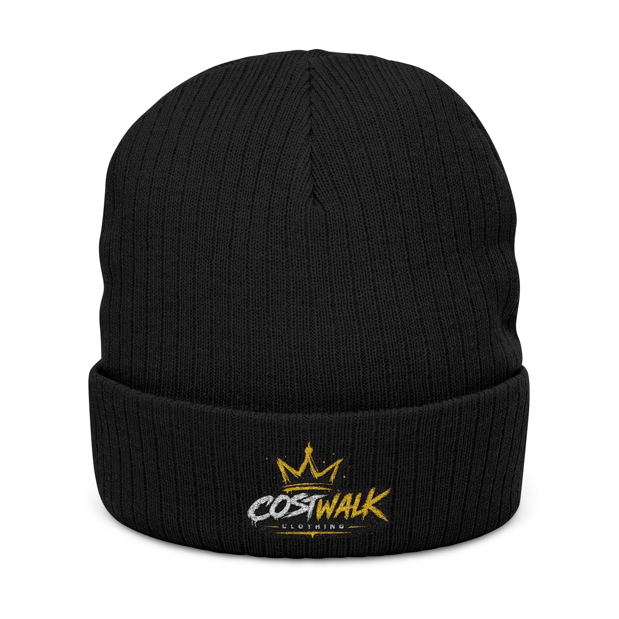 Embroidered Ribbed Beanie — 'CostWalk' Crown Logo Knit Hat