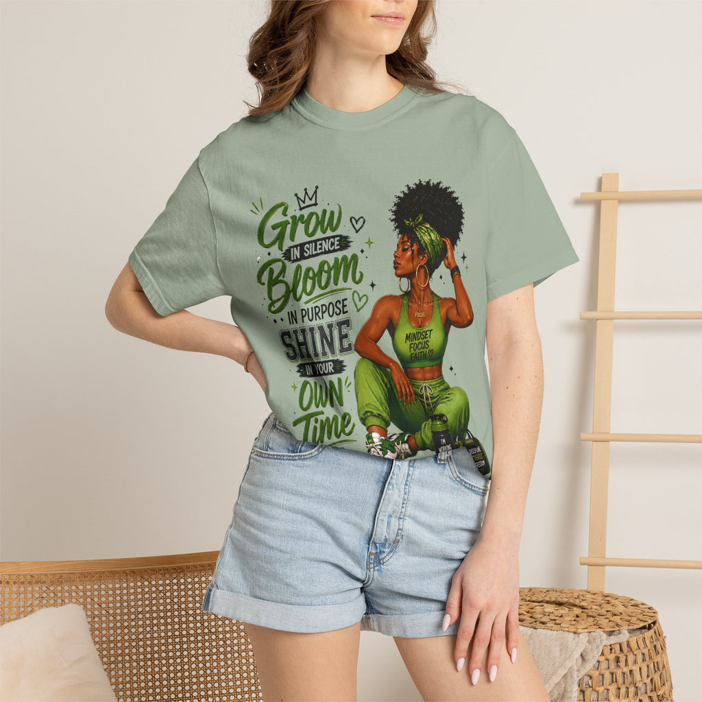 Grow in Silence Bloom Graphic T-Shirt — Inspirational Afrocentric Women’s Tee