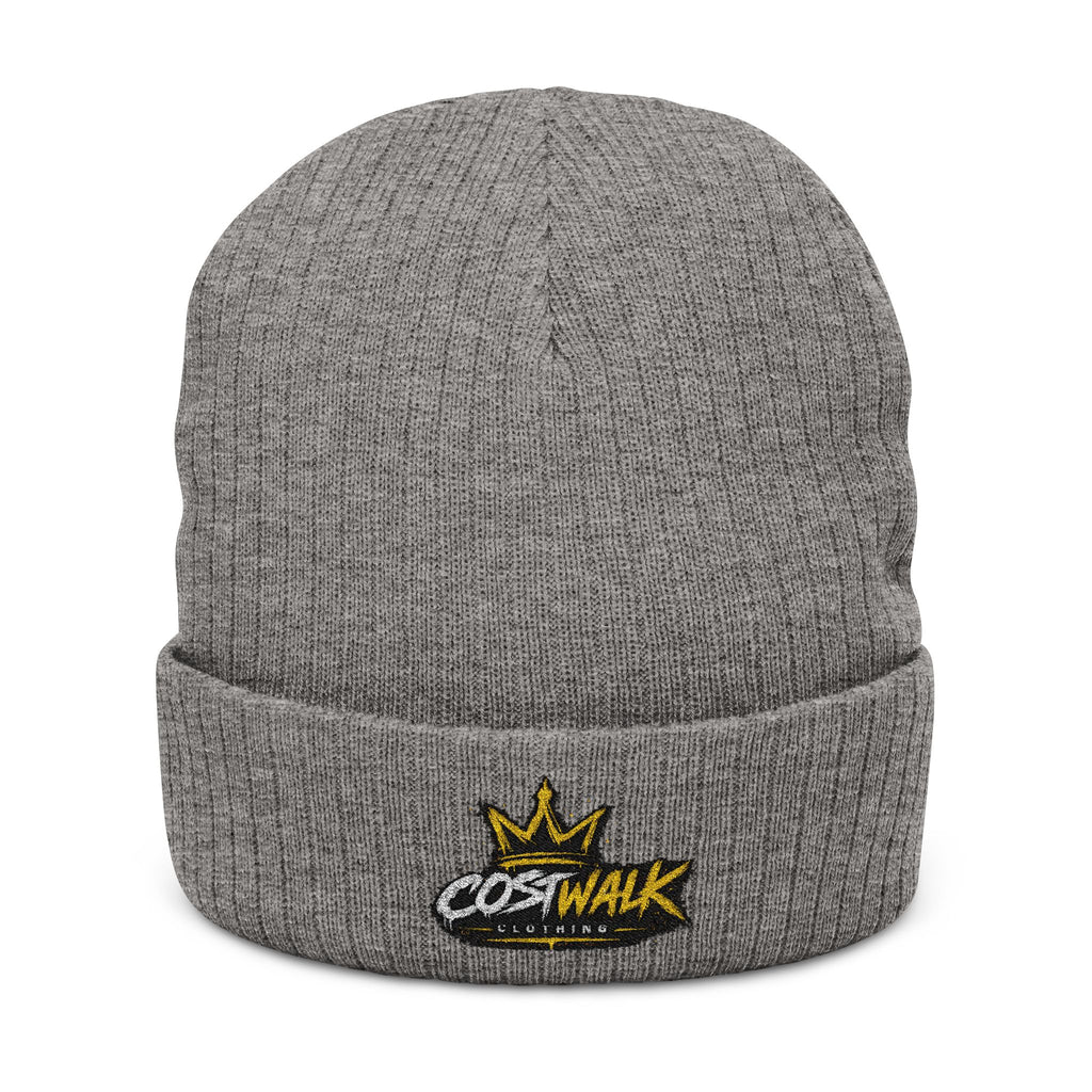 Embroidered Ribbed Beanie — 'CostWalk' Crown Logo Knit Hat