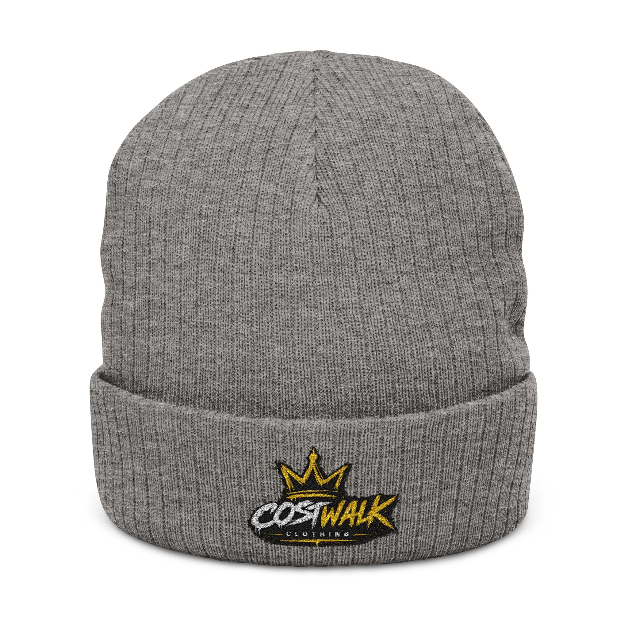 Embroidered Ribbed Beanie — 'CostWalk' Crown Logo Knit Hat