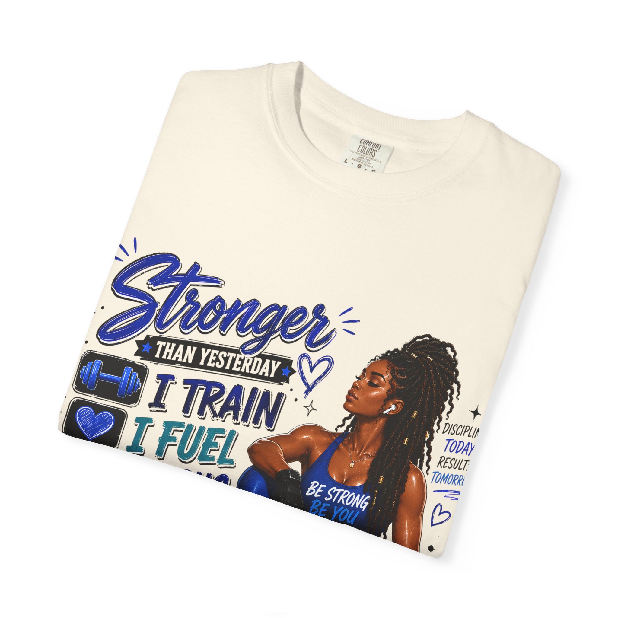 Stronger Than Yesterday Motivational Fitness Tee — I Train, I Fuel, I Focus