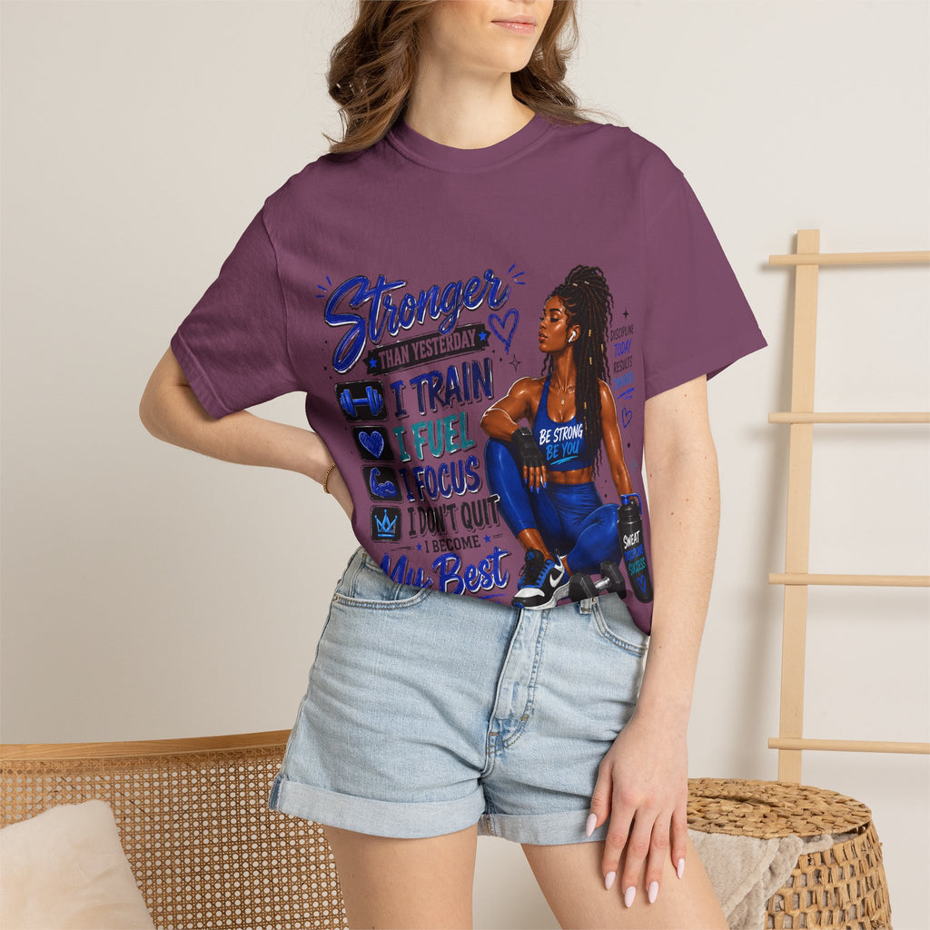 Stronger Than Yesterday Motivational Fitness Tee — I Train, I Fuel, I Focus