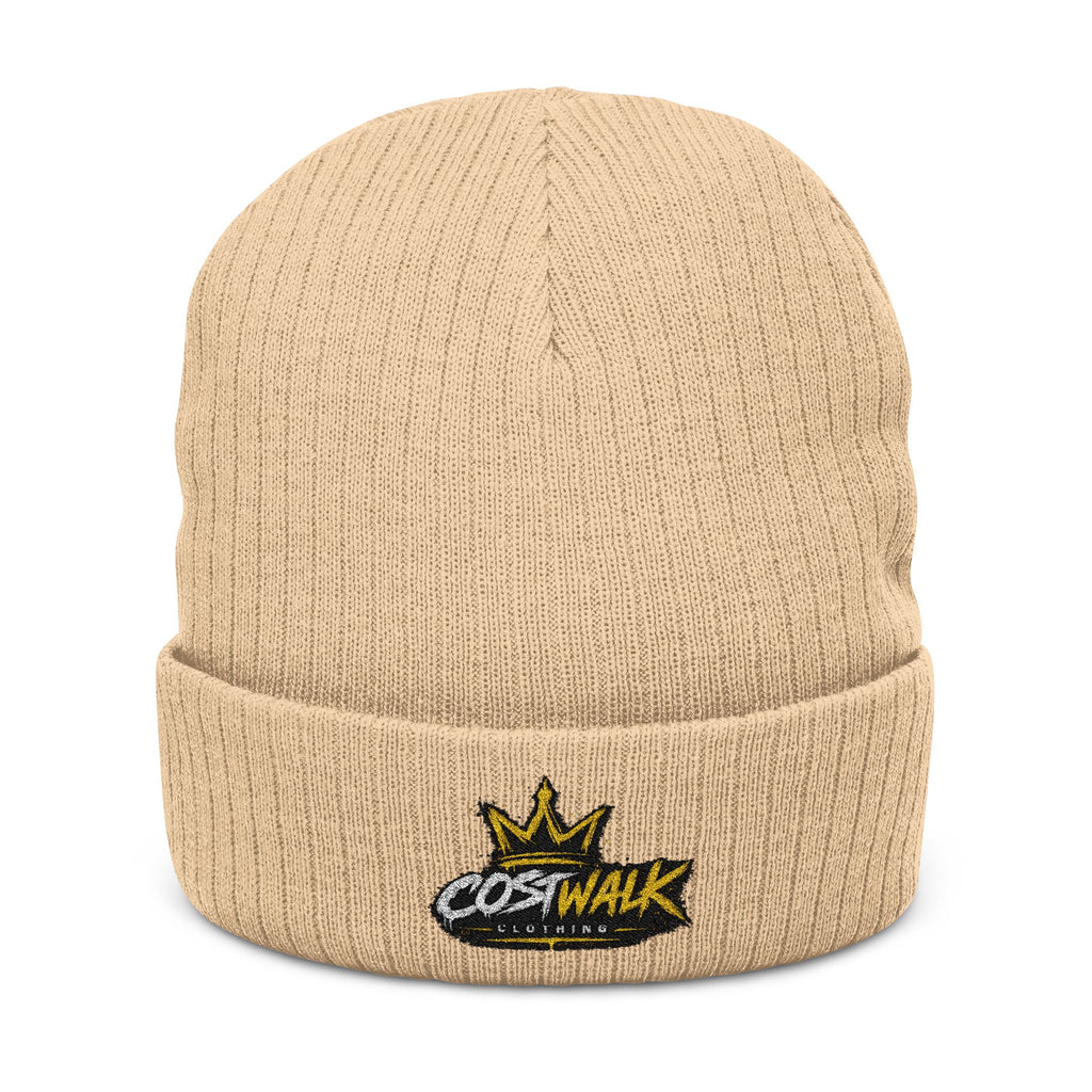 Embroidered Ribbed Beanie — 'CostWalk' Crown Logo Knit Hat