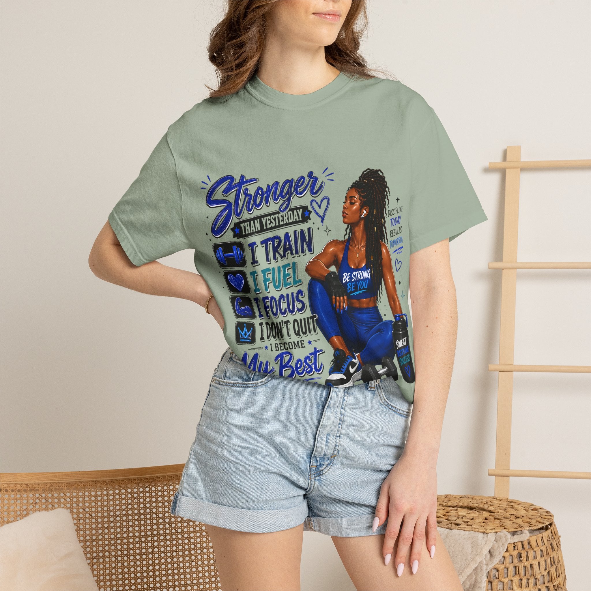 Stronger Than Yesterday Motivational Fitness Tee — I Train, I Fuel, I Focus