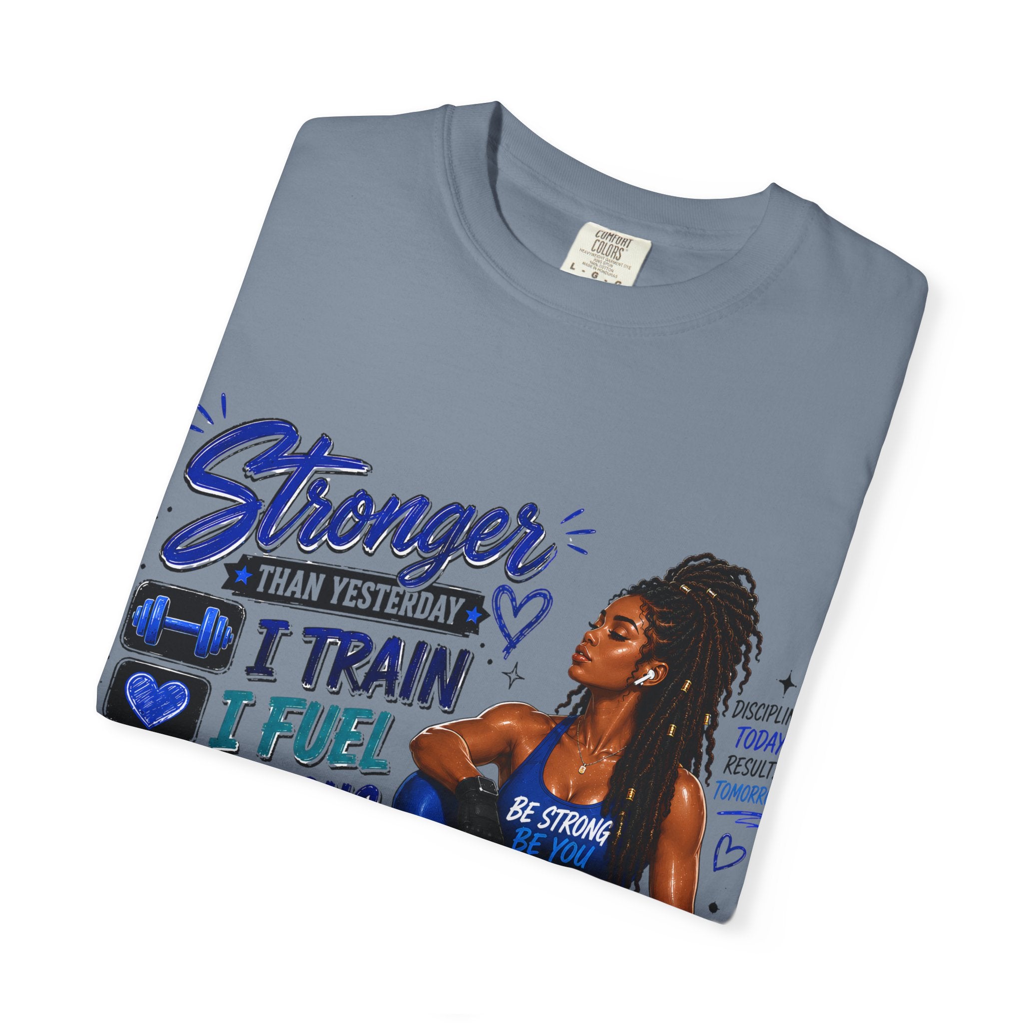 Stronger Than Yesterday Motivational Fitness Tee — I Train, I Fuel, I Focus