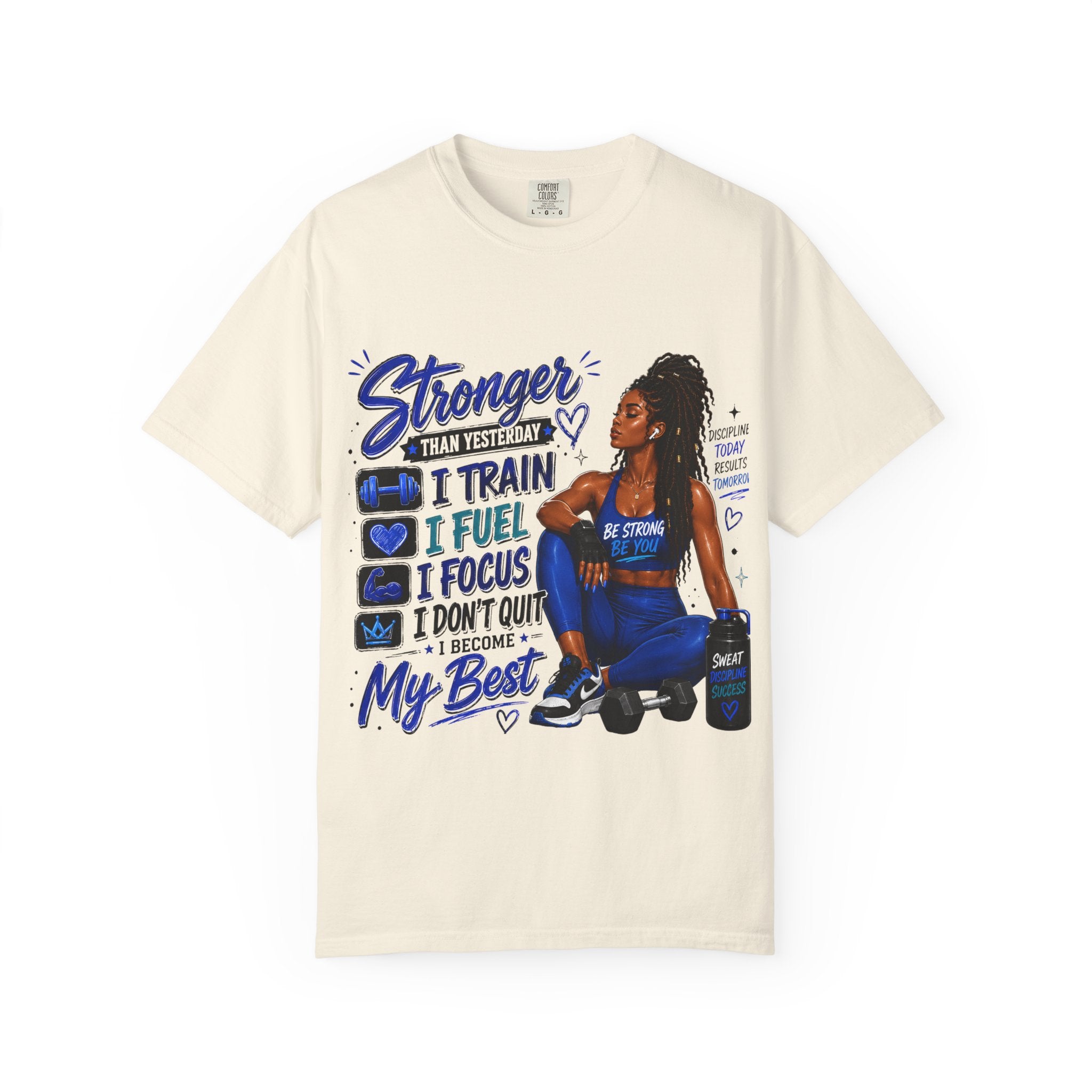 Stronger Than Yesterday Motivational Fitness Tee — I Train, I Fuel, I Focus
