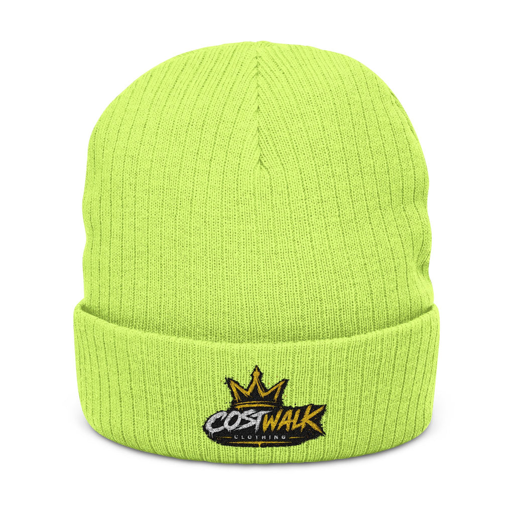 Embroidered Ribbed Beanie — 'CostWalk' Crown Logo Knit Hat