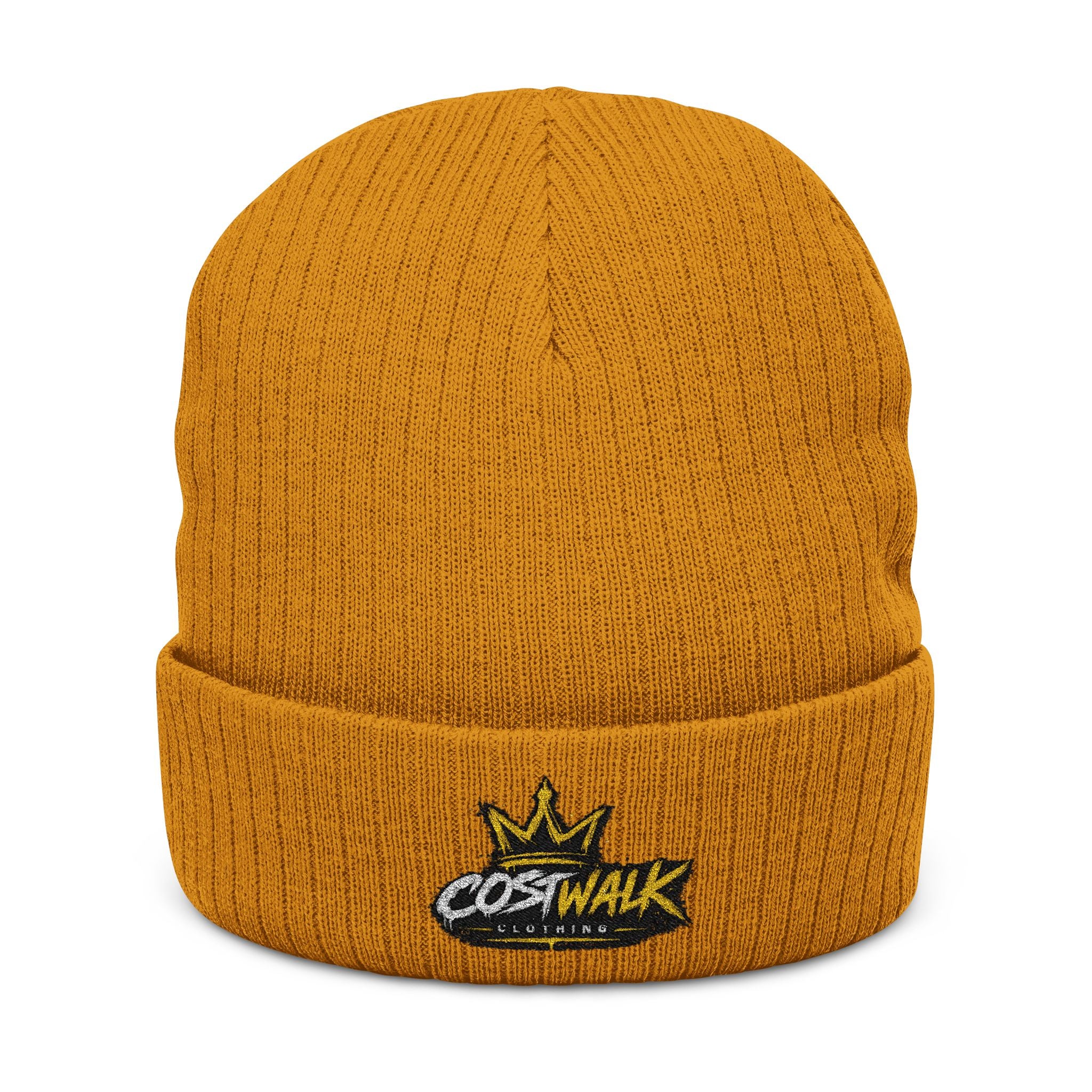 Embroidered Ribbed Beanie — 'CostWalk' Crown Logo Knit Hat