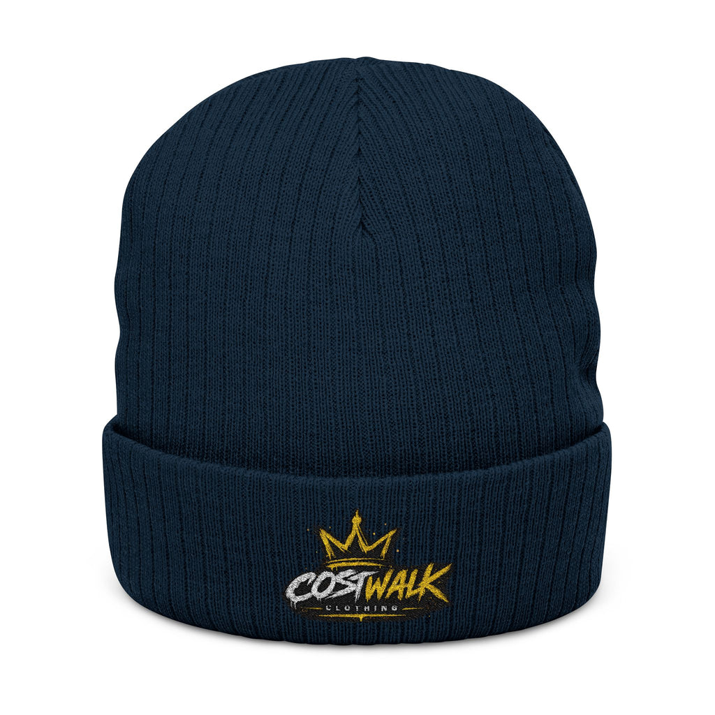 Embroidered Ribbed Beanie — 'CostWalk' Crown Logo Knit Hat