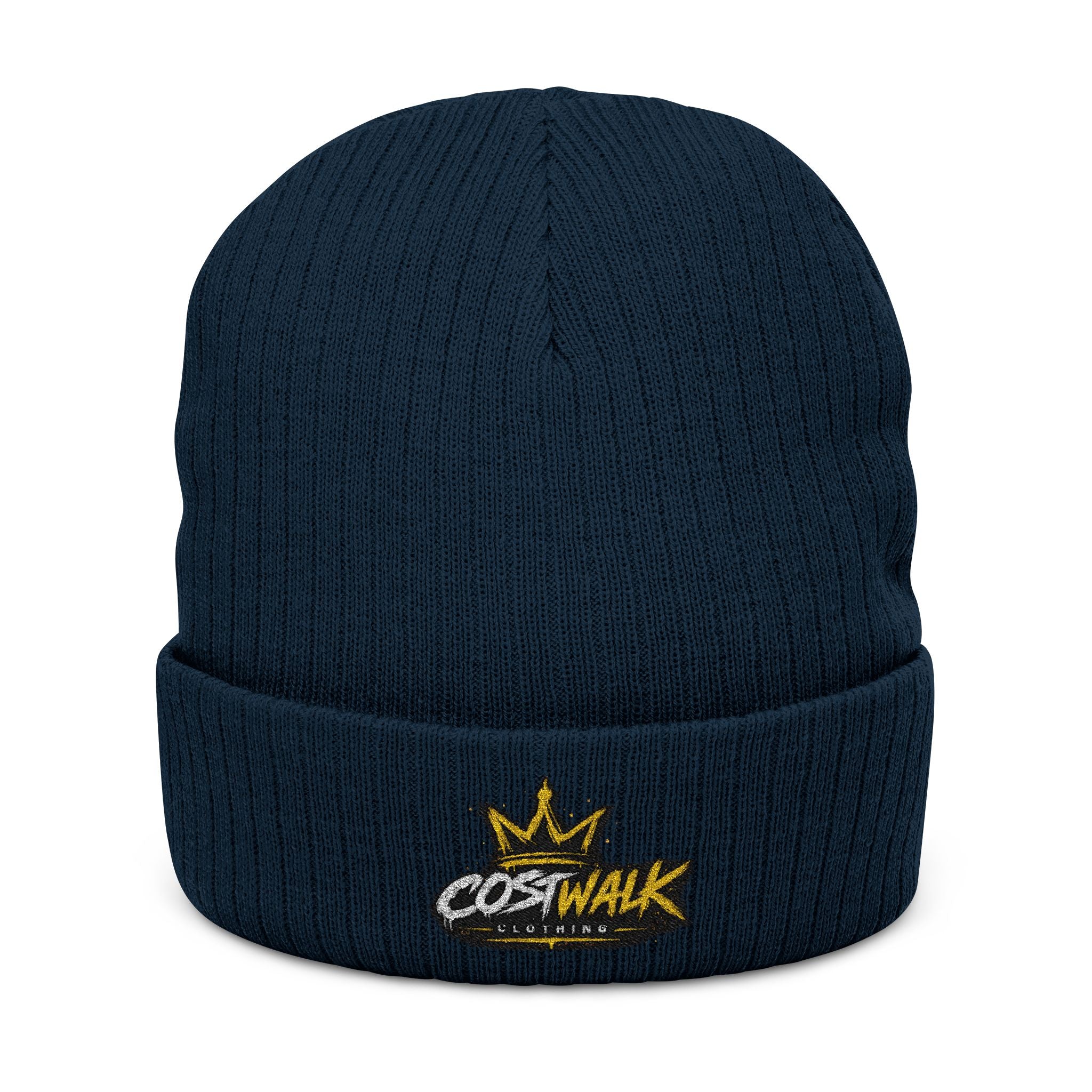 Embroidered Ribbed Beanie — 'CostWalk' Crown Logo Knit Hat