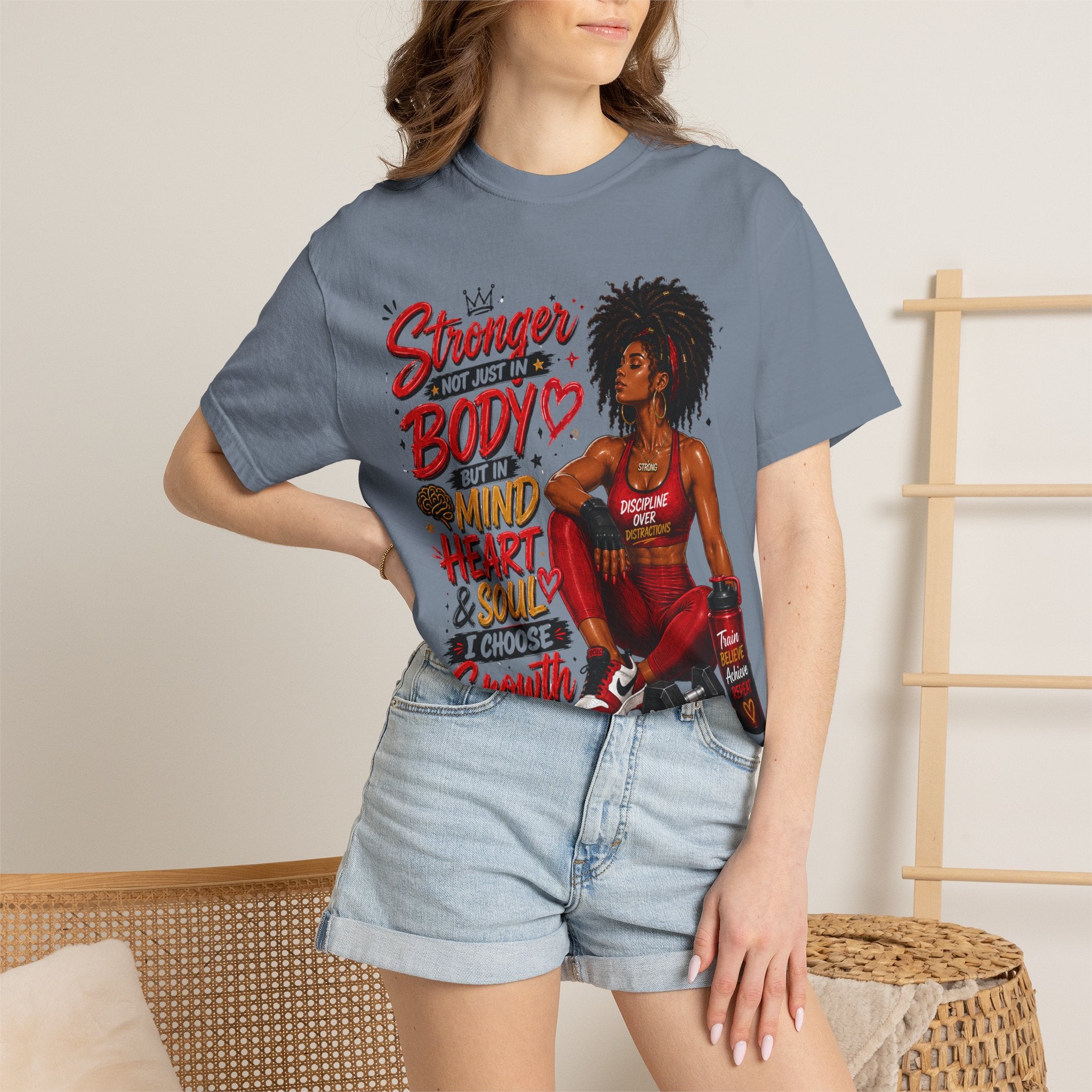 Empowered Fitness Tee — “Stronger Not Just in Body” Motivational Workout T-Shirt