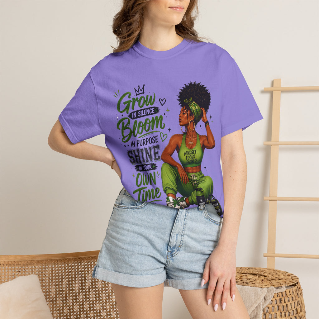 Grow in Silence Bloom Graphic T-Shirt — Inspirational Afrocentric Women’s Tee