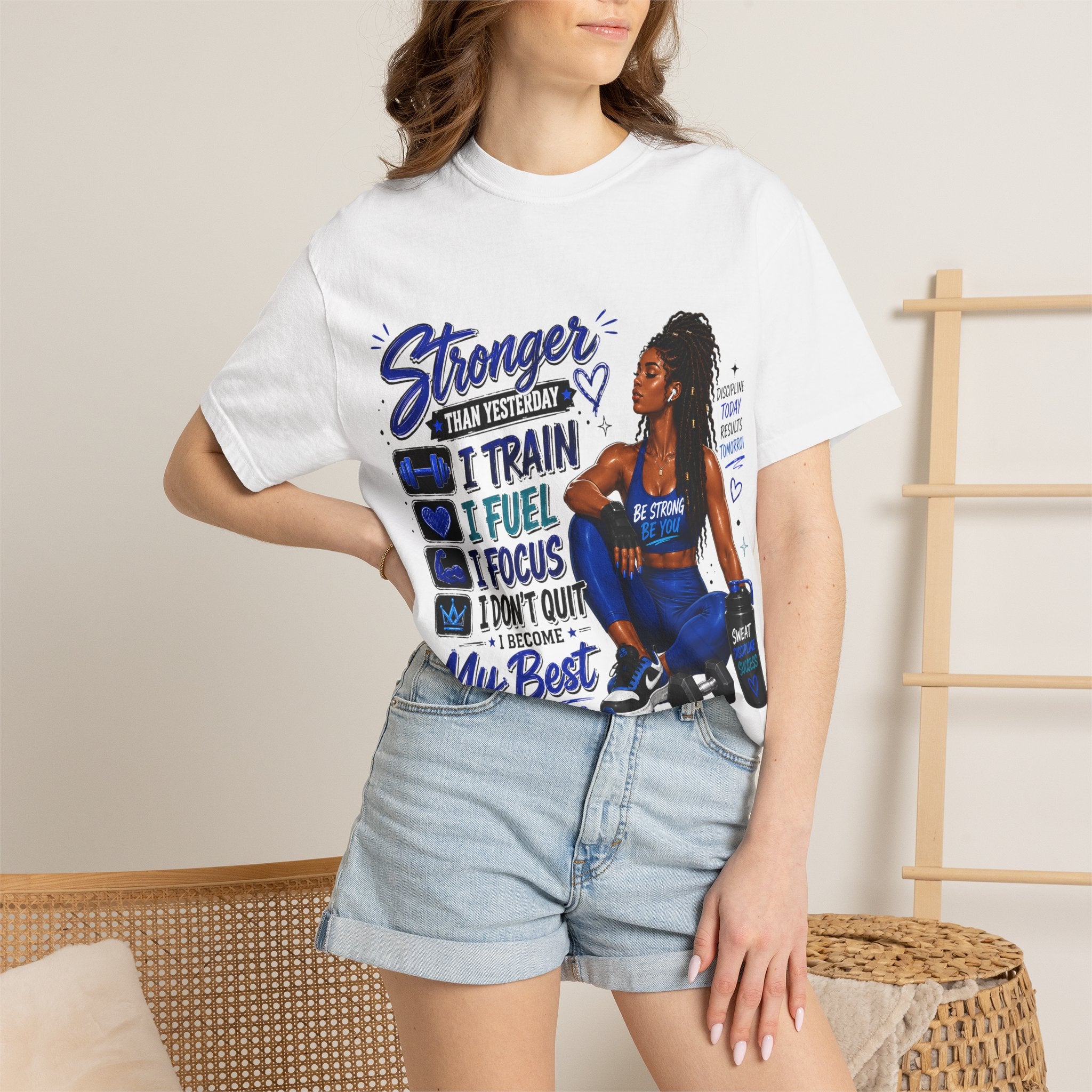 Stronger Than Yesterday Motivational Fitness Tee — I Train, I Fuel, I Focus