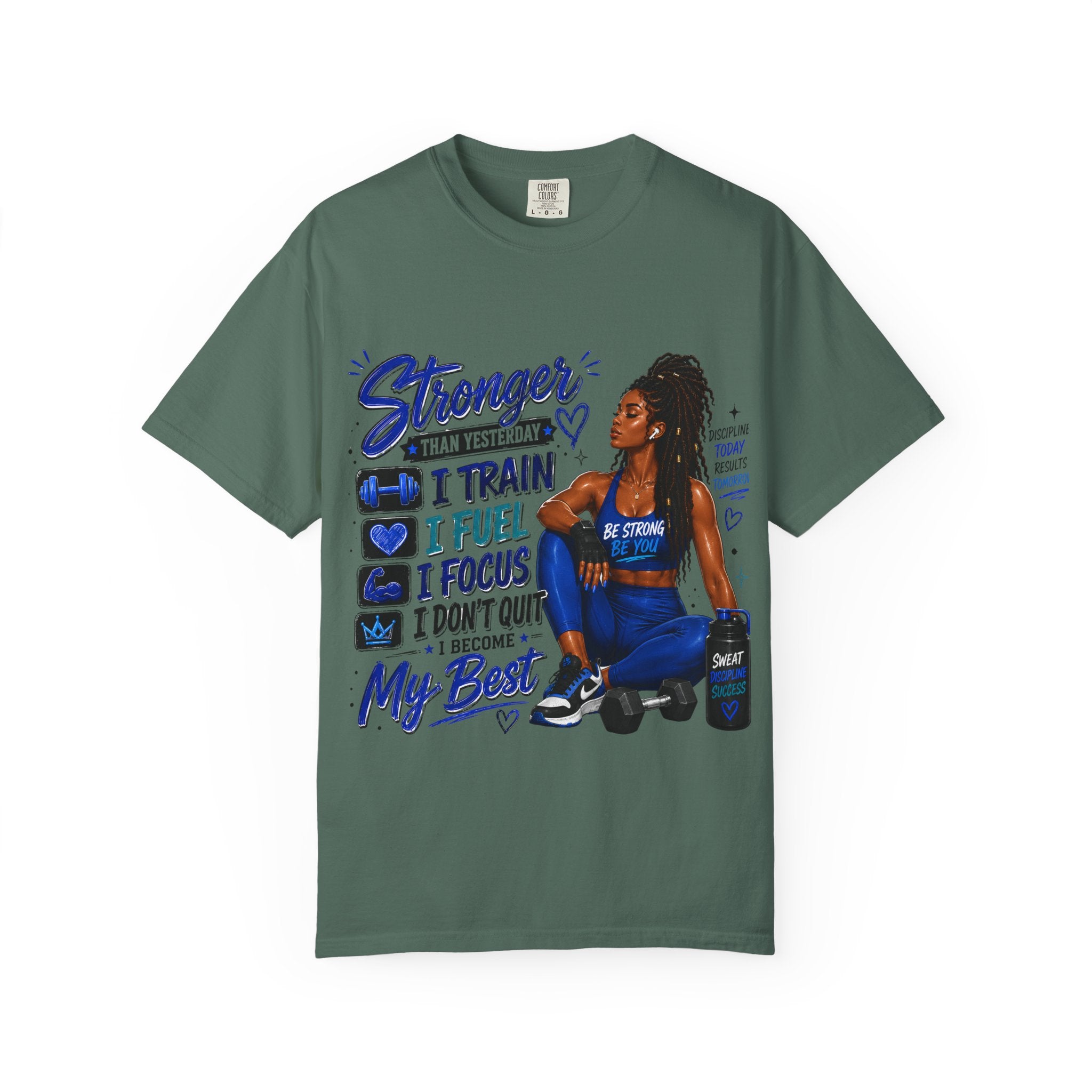 Stronger Than Yesterday Motivational Fitness Tee — I Train, I Fuel, I Focus