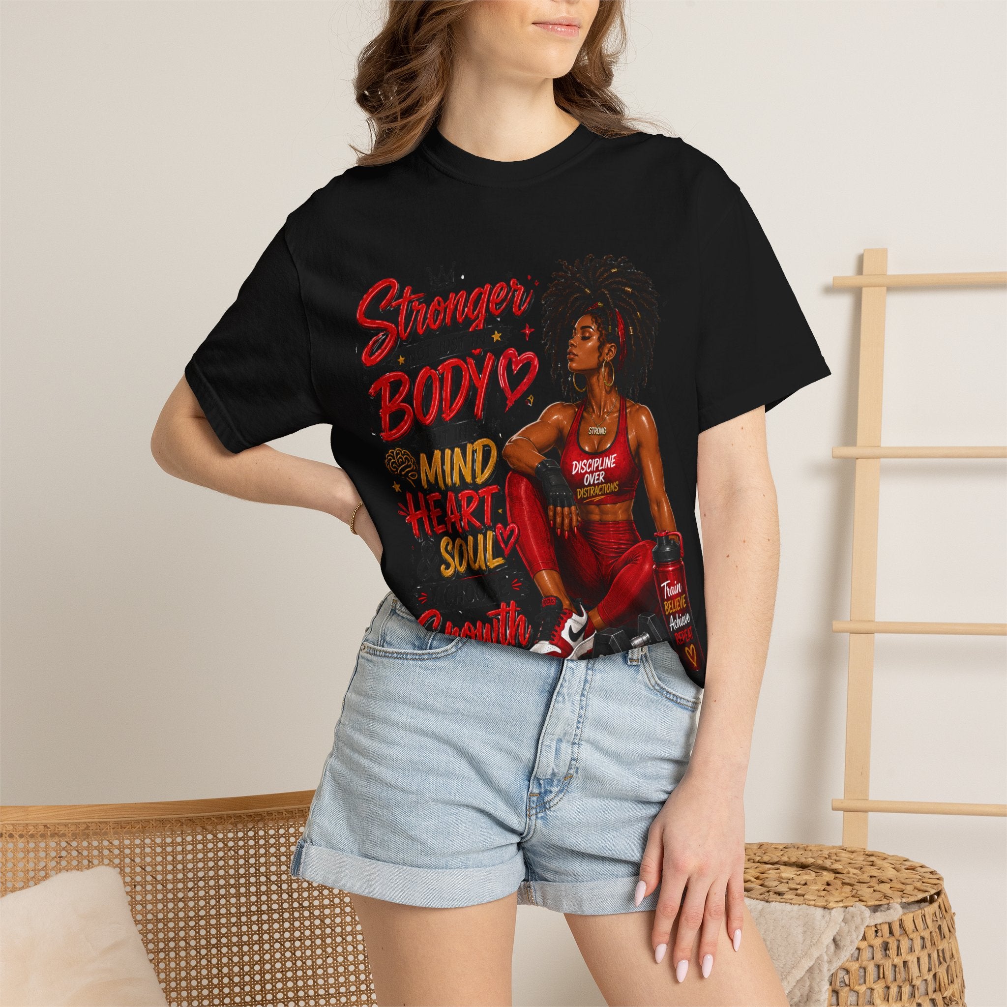Empowered Fitness Tee — “Stronger Not Just in Body” Motivational Workout T-Shirt