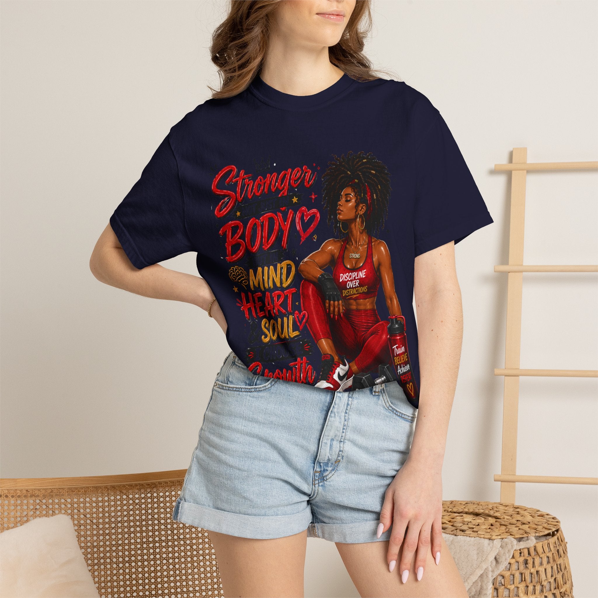 Empowered Fitness Tee — “Stronger Not Just in Body” Motivational Workout T-Shirt